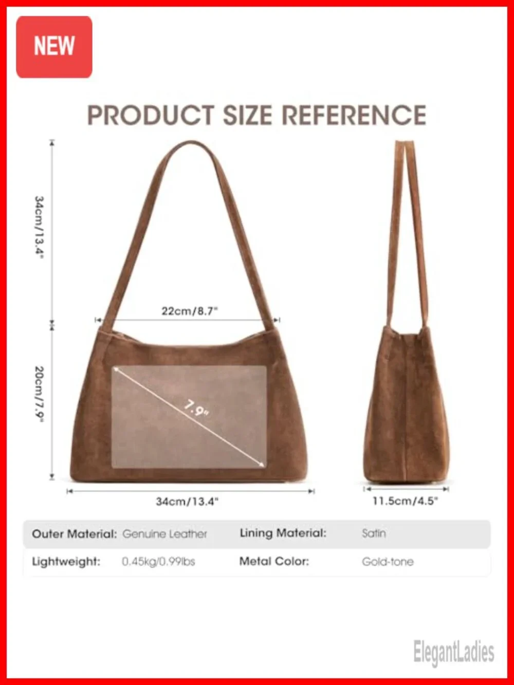 Genuine Suede Leather Hobo Shoulder Bag with Magnetic Snap Closure